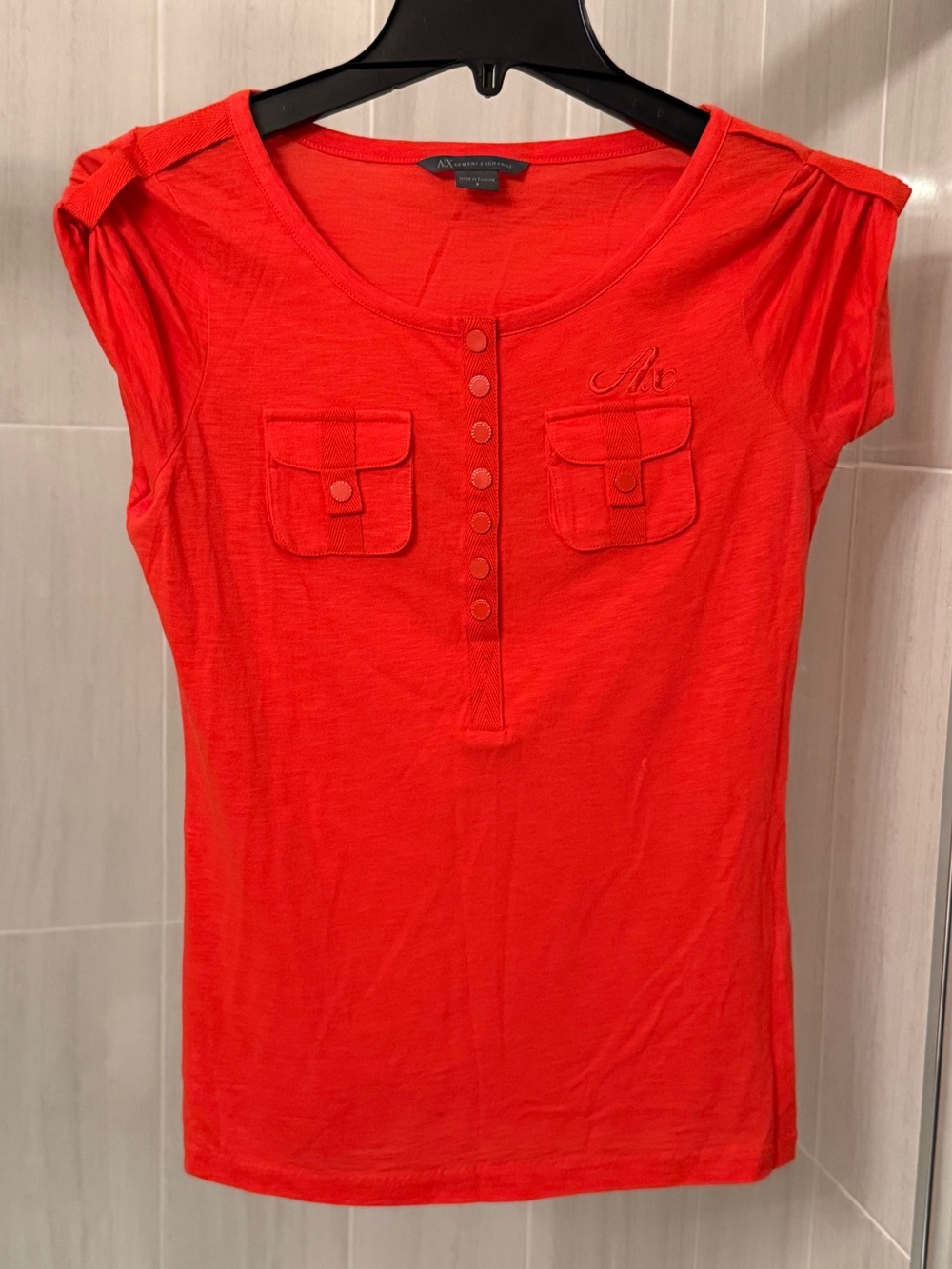Armani Exchange Orange Henley Short Sleeve Button Pocket Top